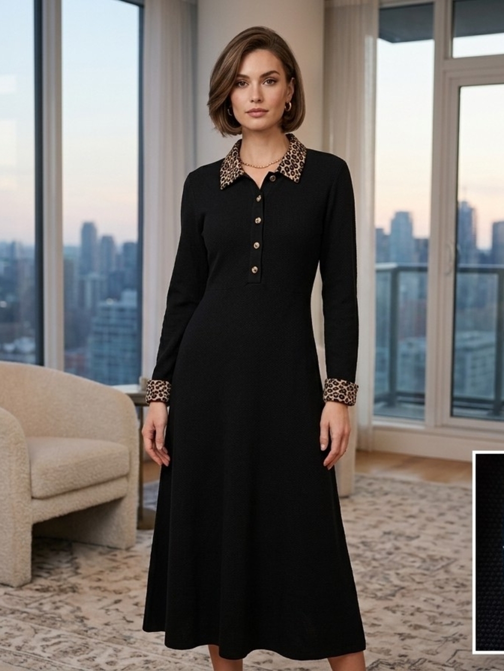 Vintage Joseph Ribkoff Black Midi Dress Leopard Trim MobWife Quiet Luxury US10